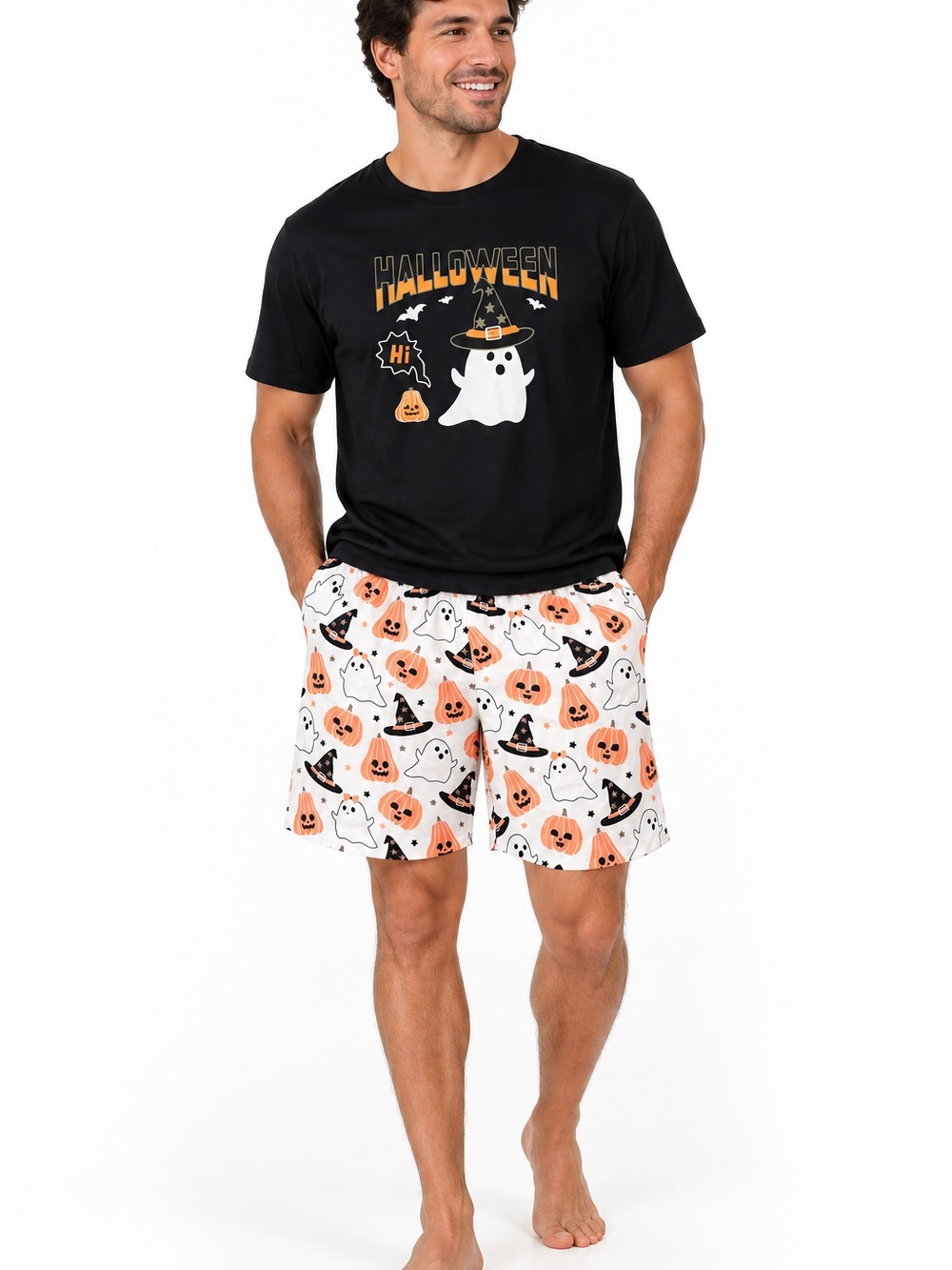 Men's Halloween Ghost & Pumpkin Print Lounge Shorts - White/Orange